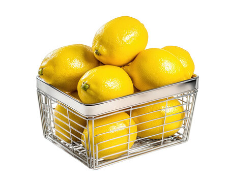 Fresh lemons in metal basket, vibrant and zesty, perfect for cooking or drinks. Their bright yellow color adds cheerful touch to any kitchen decor