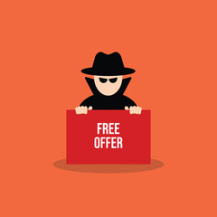 Hacker holding free offer message banner. Hacking concept.	