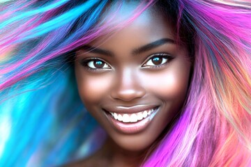 Commercial digital ads creative. Attractive happy black girl - for ads, flyer and social networks use. Long coiffure - multicolored hair. Stylish black model portraits. Chic black elegance.
