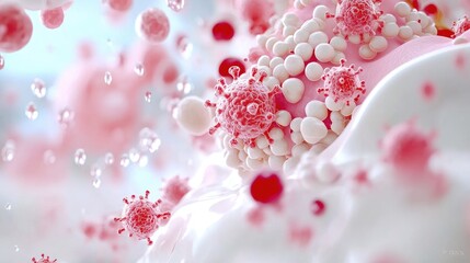 Obraz premium Microscopic virus particles with red spikes attacking white cell structures in a medical 3D illustration.