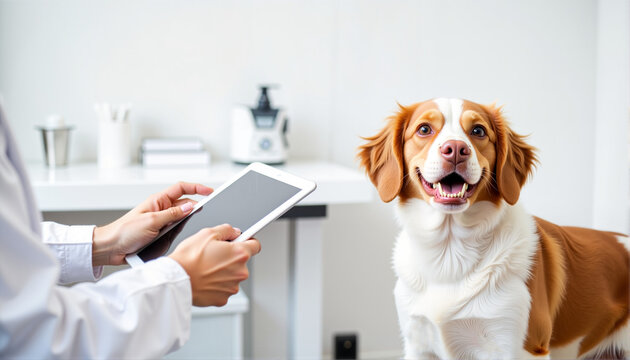 Smiling dog with veterinarian using tablet in clinic, Veterinarian's Day theme 