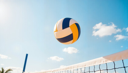 Volleyball in mid-air against blue sky and clouds, Spring break theme 