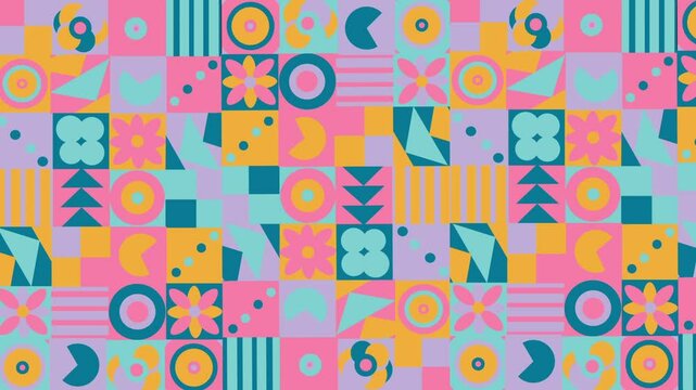 Video with geometric simple abstract shapes in flat style pattern brigth color