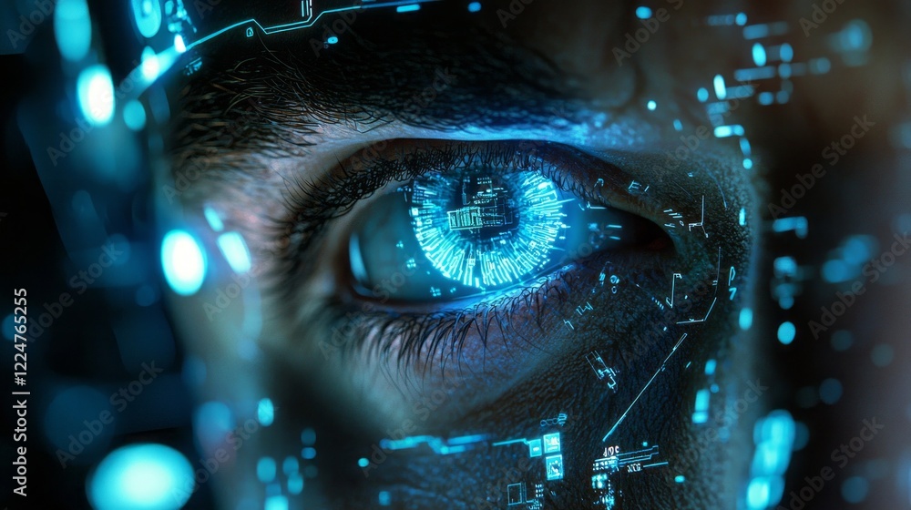 Poster a humanoid robot with intricate circuitry examines glowing data in its surroundings, its eye radiati
