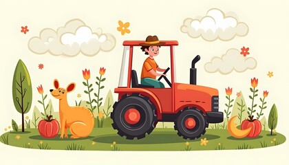Young Farmer Driving Tractor On Farm With Dog