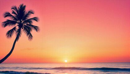 Sunset over ocean with palm tree silhouette, Spring break theme 