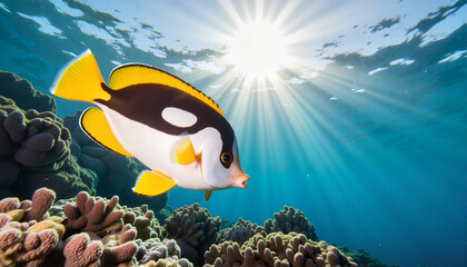 Colorful fish swimming among coral reef with sunlight, Spring break theme 