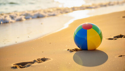 Obraz premium Beach ball on sandy shore at sunset, Spring break theme 