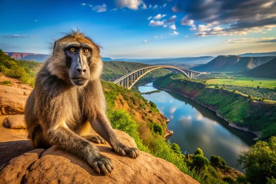 Majestic Chacma Baboon on Ethiopian Hilltop near Blue Nile Bridge