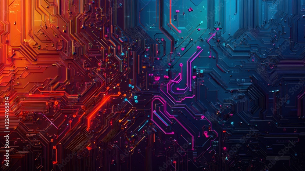 Poster abstract circuit board pattern with vibrant glowing lines