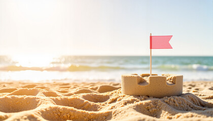 Sandcastle with pink flag on sunny beach, Spring break theme 