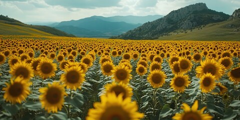 Fototapeta premium Sunflowers Blooming in a Vast Field Under a Scenic Mountain Landscape