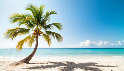 Palm tree on beach against blue ocean background, Spring break theme 
