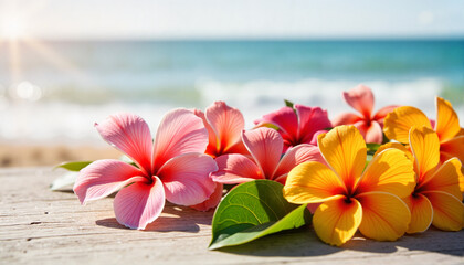 Colorful tropical flowers on wooden table by the ocean, Spring break theme 