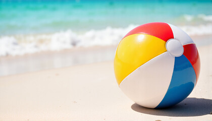 Obraz premium Colorful beach ball on sandy beach, Spring break theme 