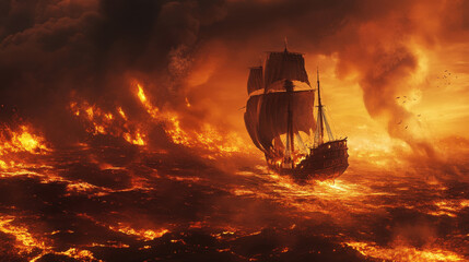 Pirate Ship on a Fiery Ocean – A Hellish Voyage