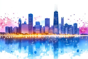 Obraz premium The Iconic Cityscape of Chicago USA with its Skyline Reflection - Urban landscape, city lights, architectural marvels, water reflection, vibrant colors. Symbolizing progress, beauty, modern life, refl