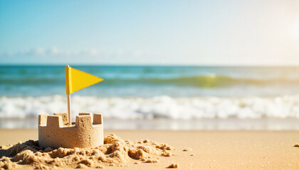 Sandcastle with yellow flag on beach by the ocean, Spring break theme 
