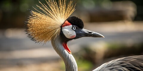 Fototapeta premium Majestic Crowned Crane: Drooping Beak & Long Neck, Tilt-Shift Photography