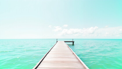 Fototapeta premium Wooden pier extending over tranquil turquoise ocean, Spring break theme 