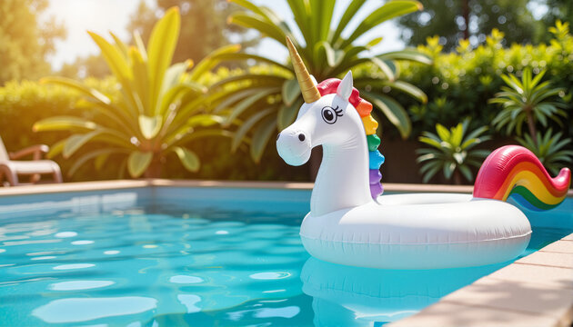 Inflatable unicorn float in swimming pool surrounded by greenery, Spring break theme 