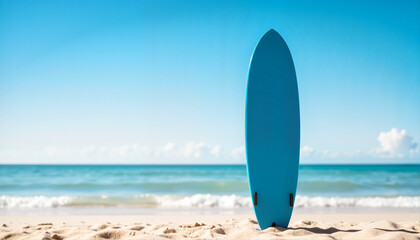 Surfboard on sandy beach against clear blue ocean, Spring break theme 