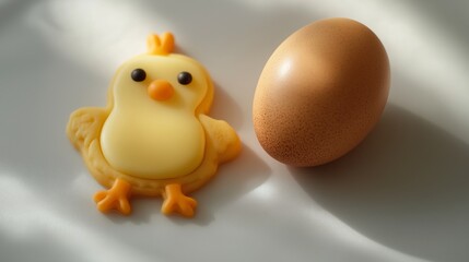 Cute chick cookie next to a brown egg on a white plate