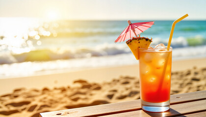 Refreshing cocktail on beach during sunset, Spring break theme 