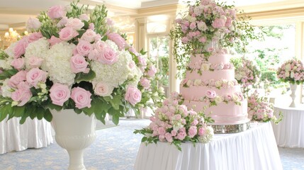 Elegant Wedding Cake with Pink Roses and Hydrangeas
