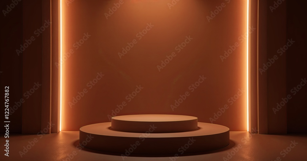 Poster minimalist 3d rendering of a two-level podium with a subtle orange hue. the soft lighting creates a 