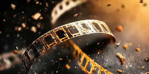 Vintage film strip disintegrating into dust particles