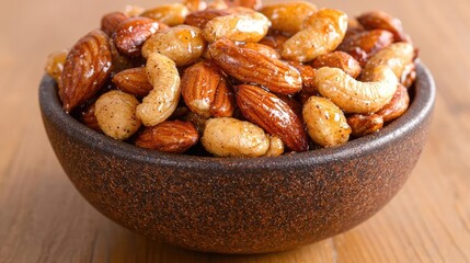 Fototapeta premium Glazed mixed nuts including almonds and cashews served in a brown ceramic bowl on a wooden table.