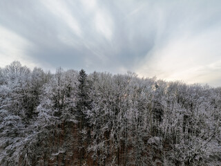 Winter landscape in Germany with frozen frost on trees and fields, drone shot