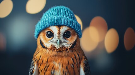 Adorable Owl Wearing A Blue Knitted Hat