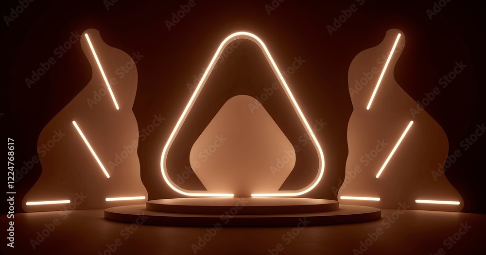 Poster minimal 3d rendering of a futuristic product display platform with glowing neon lights. the platform