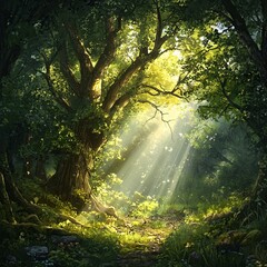 Obraz premium Sunbeams illuminate a path through a lush forest, centered on a large, ancient tree.