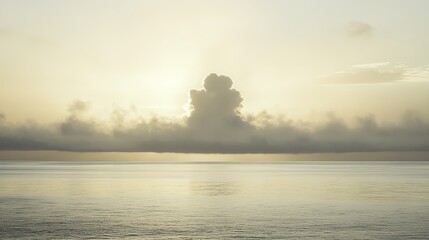 A tranquil landscape disrupted by a distant explosion, blending calm and chaos under soft sunlight.