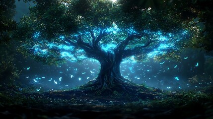 Glowing ancient tree in dark forest; fantasy background; digital art; game design