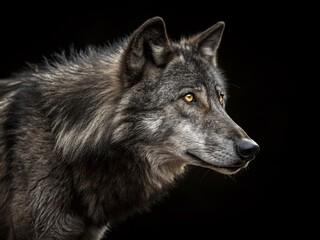 Obraz premium Majestic Grey Wolf Portrait: Black Background Wildlife Photography