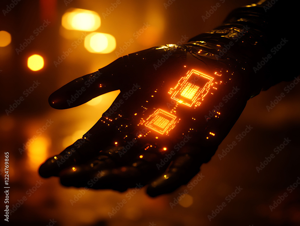 Poster cyberpunkstyle closeup of a robotic hand with glowing orange circuit board patterns. ideal for scien
