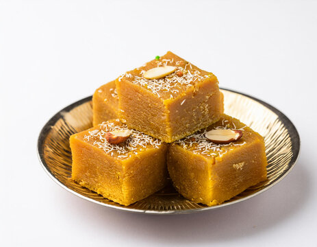 Mysore pak is an Indian sweet prepared in ghee. It originated in the city of Mysuru