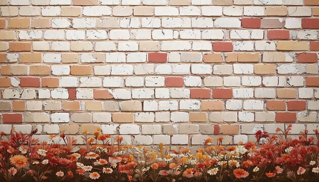 Fototapeta Kwiaty i mur z białych i czerwonych cegieł