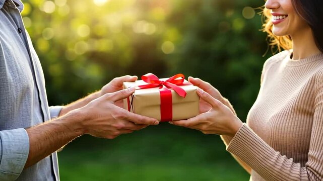 Romantic gift exchange, couple sharing present with red ribbon, love and appreciation, special occasion surprise, outdoor celebration in warm sunlight, relationship bonding and gratitude
