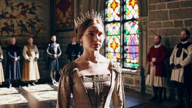 Majestic queen with crown and medieval dress standing in castle hall with sun rays filtering through stained glass window, courtiers waiting