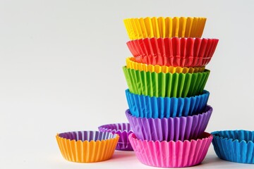 Vibrant stack of colorful baking cups arranged in a playful tower against a neutral background isolated on transparent background