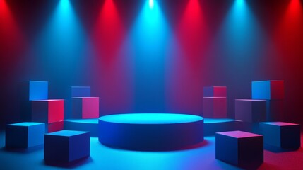  3D rendering illustration of a blue podium with many shipping square boxes stays on a dark background, for an online shopping background