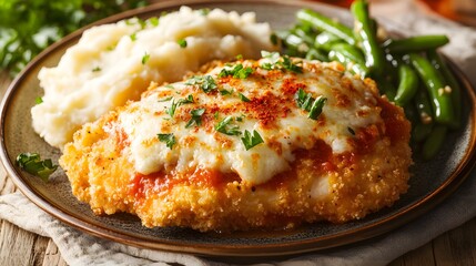 A Charming Chicken Parmesan with Chili Garnish, Creamy Mashed Potatoes, and Green Beans