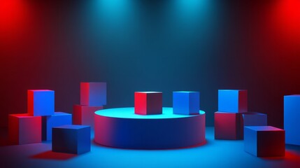  3D rendering illustration of a blue podium with many shipping square boxes stays on a dark background, for an online shopping background