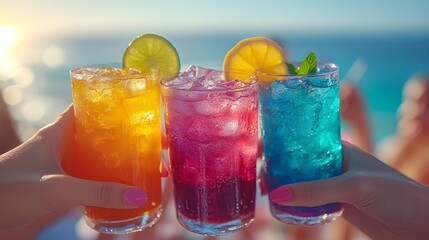Refreshing summer cocktail with lime and ice in a glass by the pool