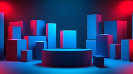  3D rendering illustration of a blue podium with many shipping square boxes stays on a dark background, for an online shopping background